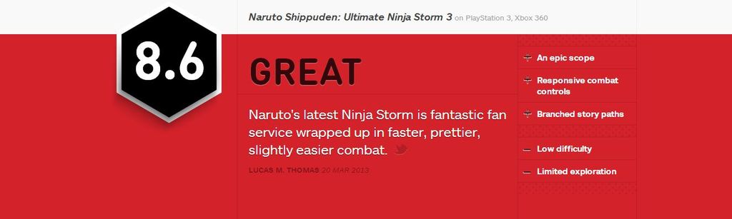 火影忍者疾风传究极忍者风暴3 IGN评分公开：史上最强作