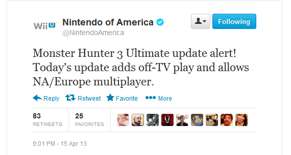 WiiU怪物猎人3g更新：off-TV及北美欧洲免费联机开放