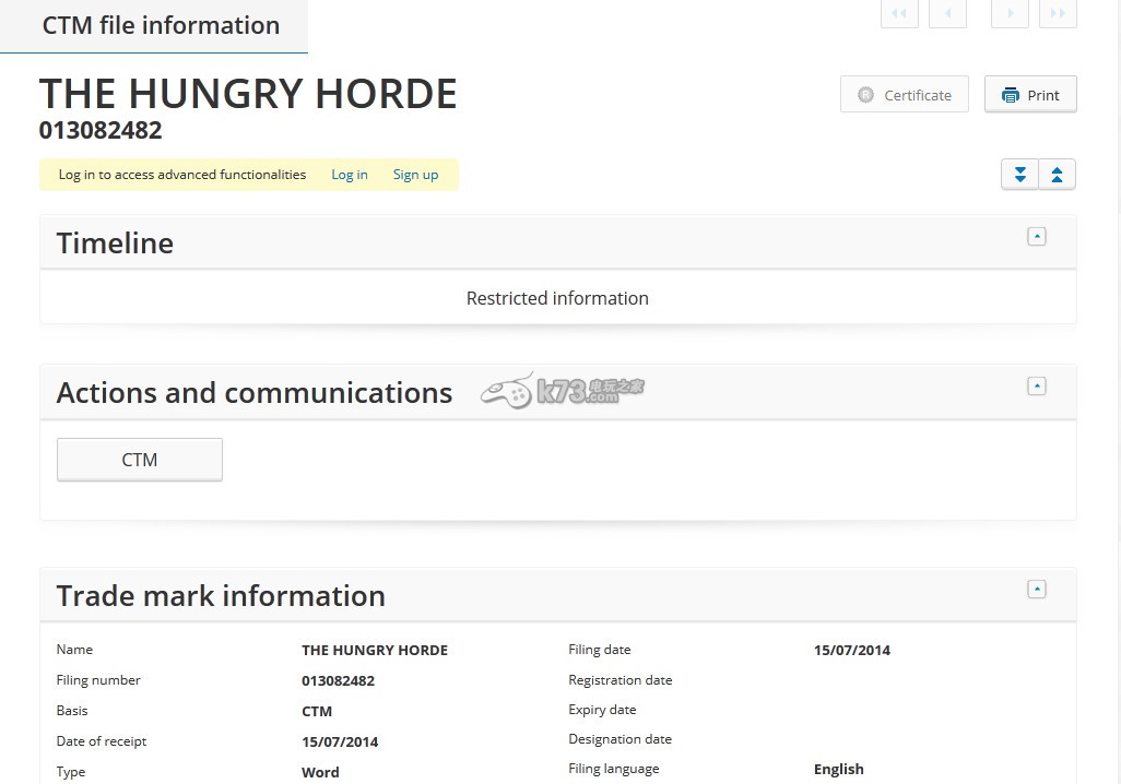 索尼注册'饥饿的部落|The Hungry Horde'商标:生